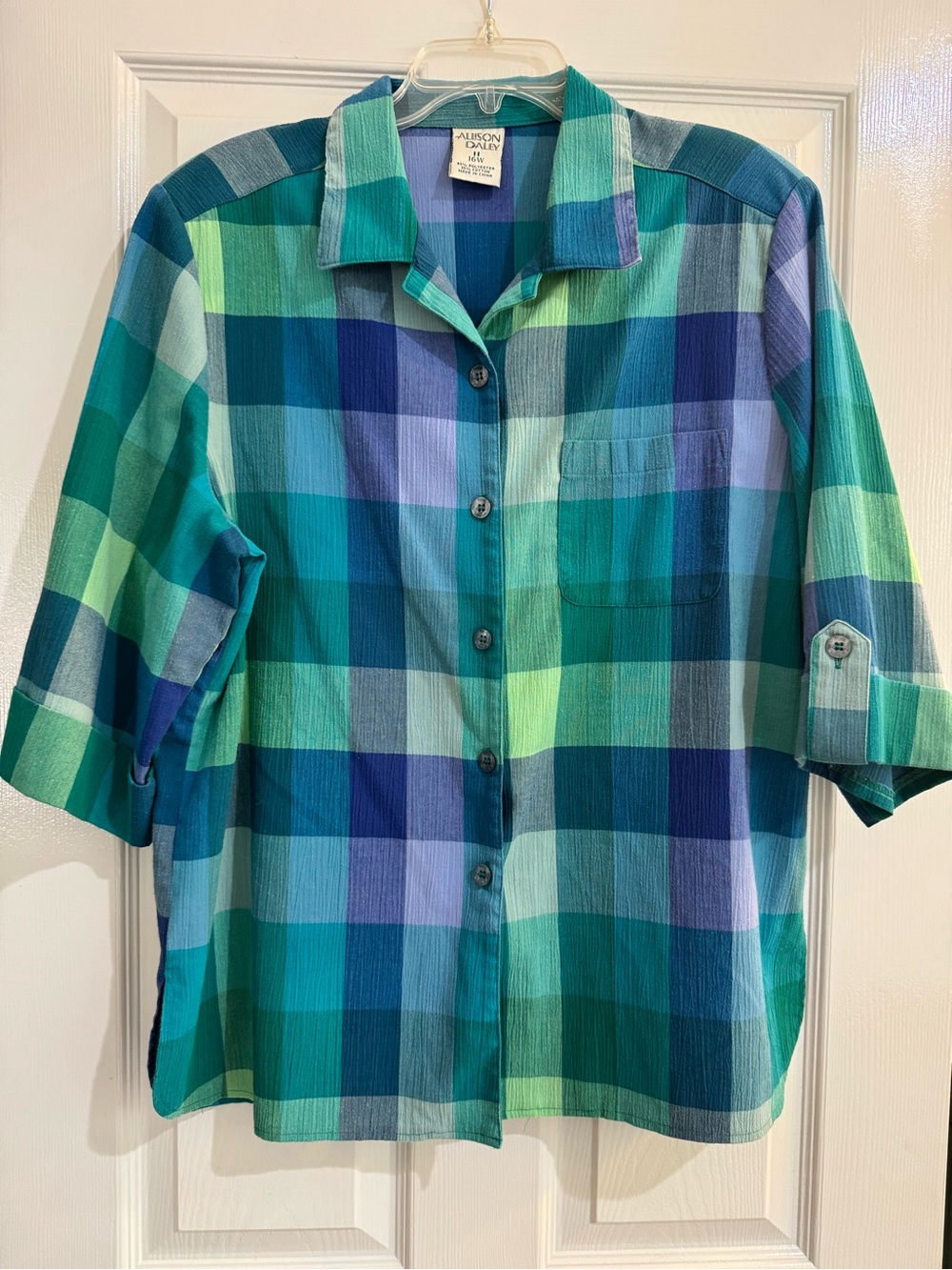 Vintage Allison Daley 90’s Blue Green Plaid Button-Down Shirt